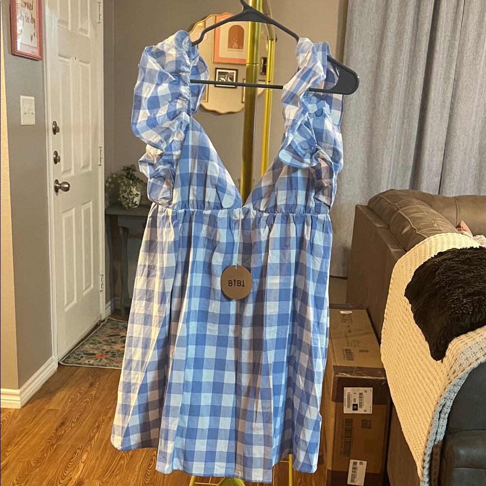 BiBi Light Blue & White Gingham Ruffle Strap Dress